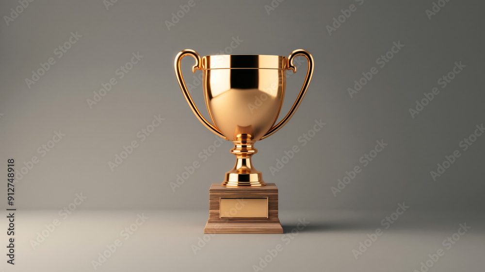 Golden trophy cup with a wooden base on a plain background, symbolizing achievement and success. Golden trophy cup with a wooden base on a plain background, symbolizing achievement and success.