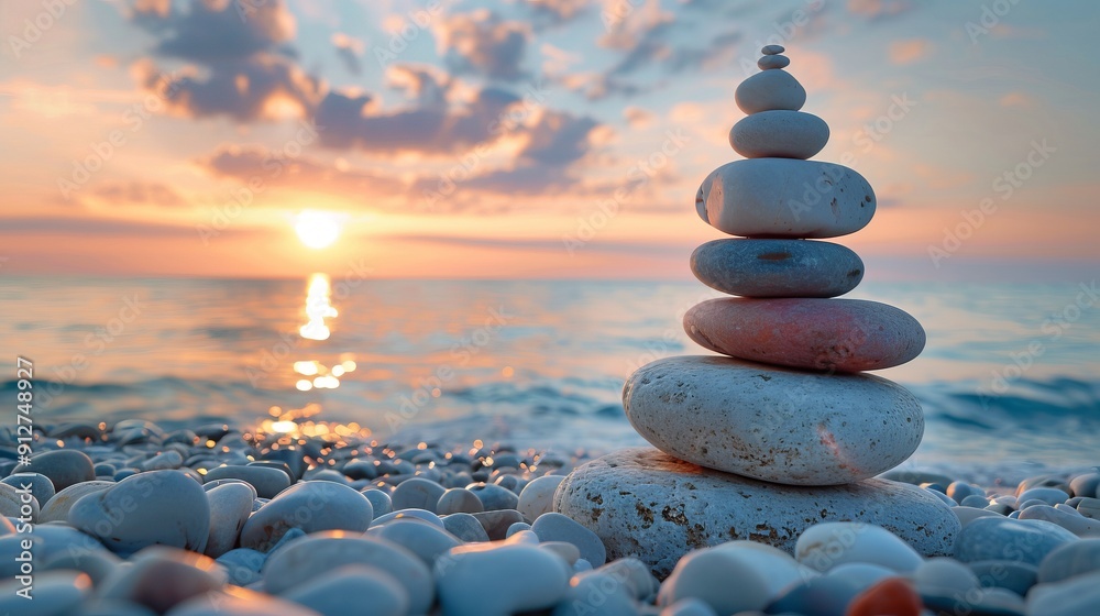 Obraz premium Graceful stone tower balancing at the ocean's edge