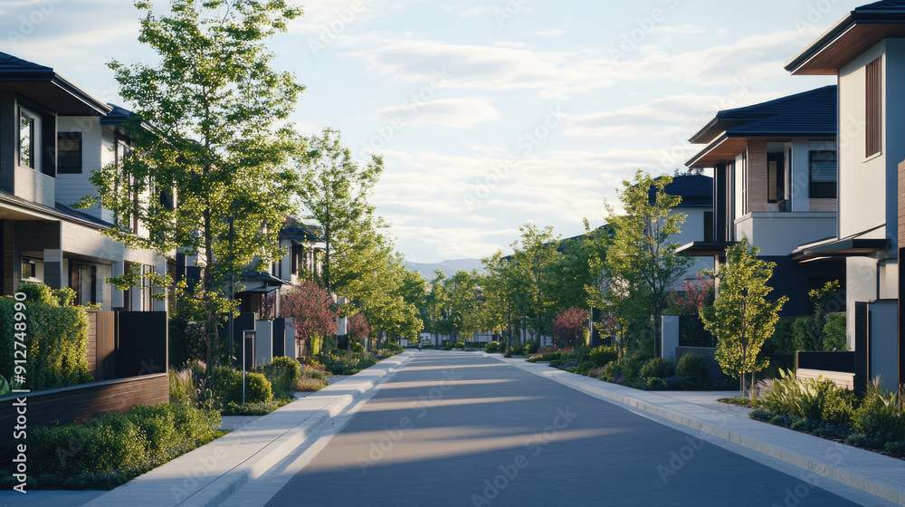 Residential Street with Modern Suburban Houses Residential Street with Modern Suburban Houses