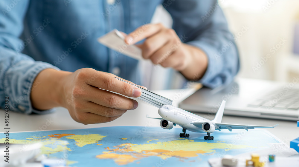 travel agent with flight tickets and plane model in hand at agency office. tourism service. copy space travel agent with flight tickets and plane model in hand at agency office. tourism service. copy space