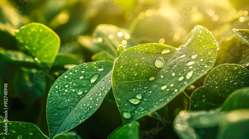 Nature background green leaves background close up of lush green soybean leaves covered in morning dew, glistening under the soft light of dawn