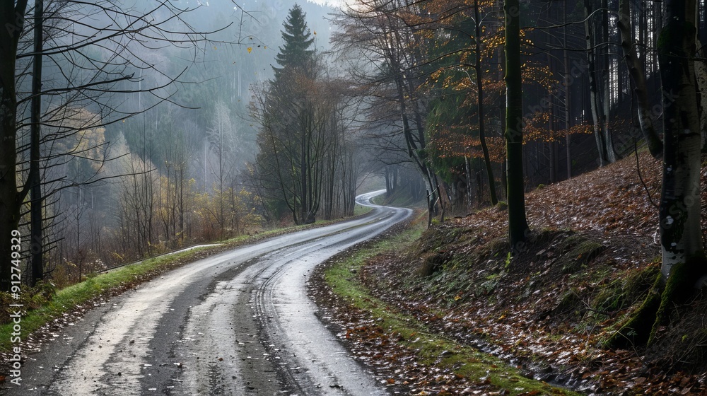 Fototapeta premium Long winding wet road in misty autumn season, forest view