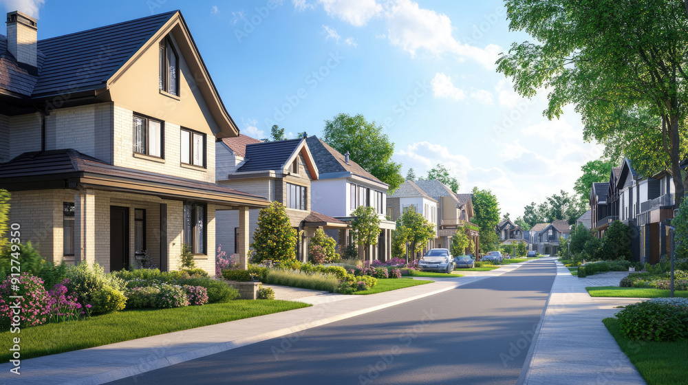 Residential Street with Modern Suburban Houses Residential Street with Modern Suburban Houses