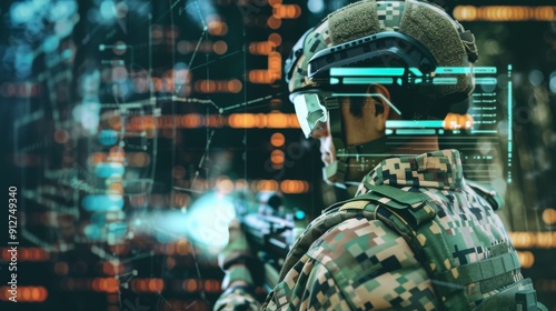 A soldier in futuristic combat gear stands ready, with a virtual interface and digital data streams illuminating his environment, capturing the essence of high-tech warfare.