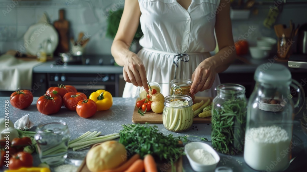 Person arranging assorted vegetables and herbs in small glass jars on a bustling kitchen counter with various other fresh ingredients.