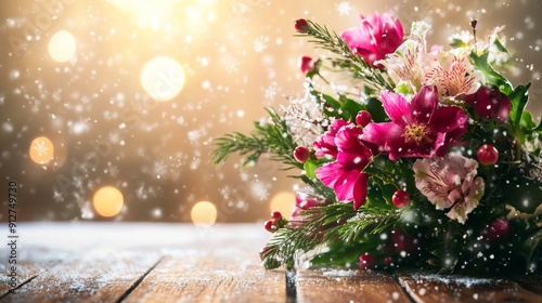 Winter Bouquet with Snowfall and Warm Lights - A vibrant bouquet of pink flowers with green foliage, nestled in a snowy setting with warm, blurred lights in the background. This image symbolizes beaut photo