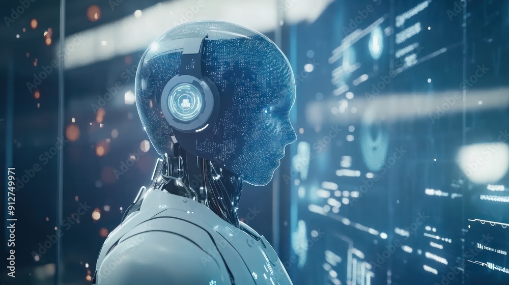 AI Robot Looking at a Data Screen AI Robot Looking at a Data Screen