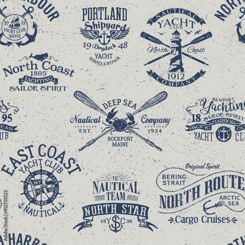 Nautical yachting sailing badge elements  vintage marine vector seamless pattern  for fabric wear shirt  tablecloth wrapping pillow