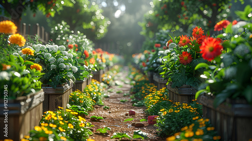 A vibrant garden filled with a variety of colorful flowers and lush green trees, creating a serene natural landscape. 