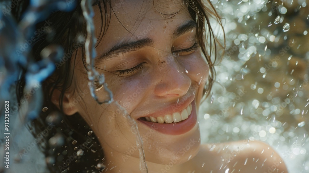 Obraz premium A woman delightfully smiles, her face bathed in sunlight while enjoying a refreshing splash of water, conveying pure joy and tranquility.