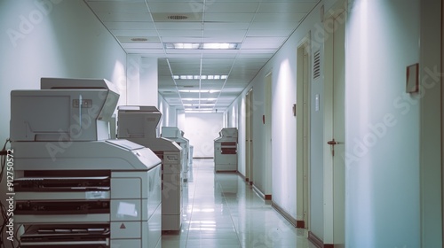An empty hallway in an office building lined with copiers and printers, illuminated by fluorescent lights, creating a sterile and monotonous atmosphere.