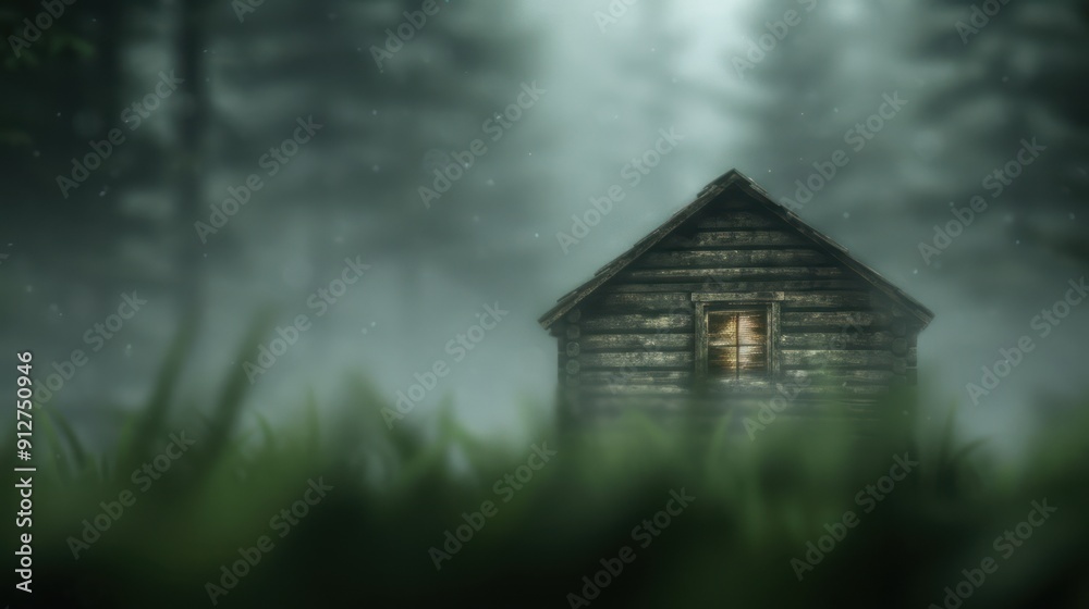 An old, abandoned cabin in the middle of the haunted forest, with ghostly figures peeking through broken windows An old, abandoned cabin in the middle of the haunted forest, with ghostly figures peeking through broken windows