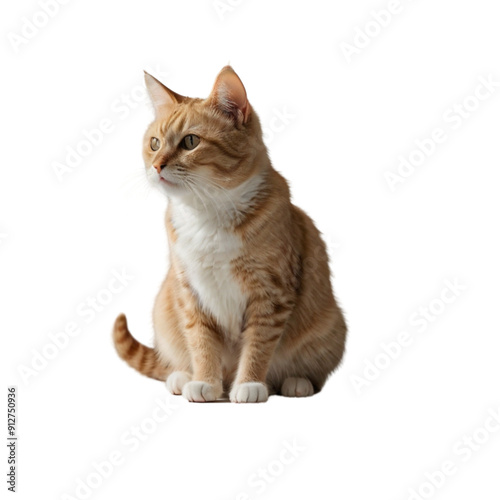 A cat with a white belly and black stripes sits on a white background. The cat has a curious expression on its face