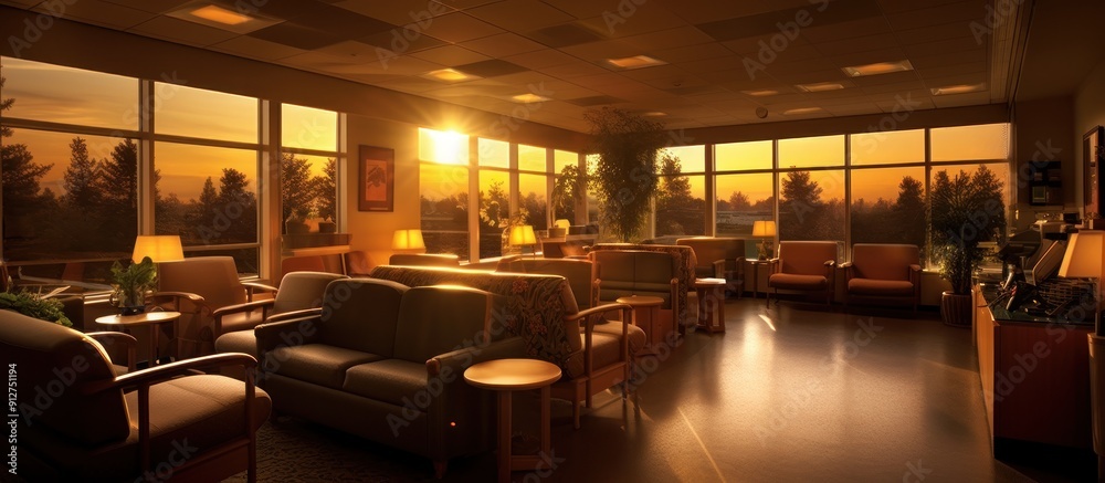Fototapeta premium Sunset Lounge with Warm Lighting and Window Views