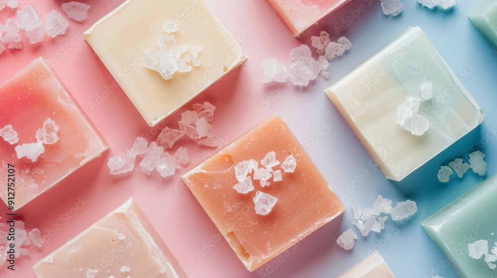 Vibrant handmade soap bars decorated with salt crystals, photographed against pastel backgrounds, showcasing a serene and fragrant self-care moment. Vibrant handmade soap bars decorated with salt crystals, photographed against pastel backgrounds, showcasing a serene and fragrant self-care moment.