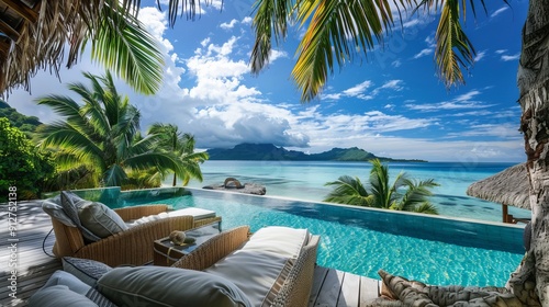 Infinity pool view towards tropical beach and mountains.