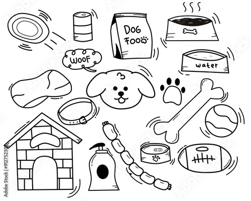 A set of icons Doodle black and white related to Dog's 