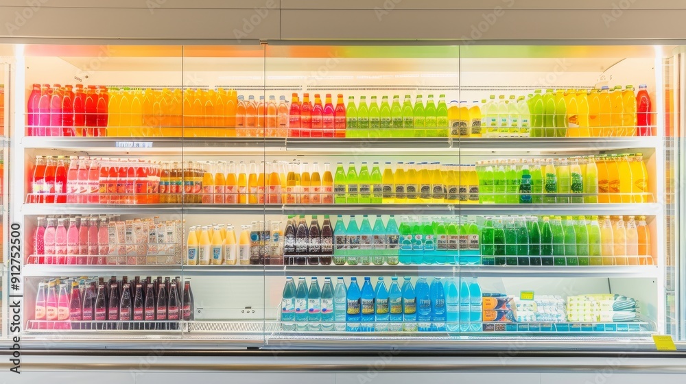A vibrant display of various colorful drinks neatly arranged on refrigerator shelves, creating a visually impactful, refreshing scene.