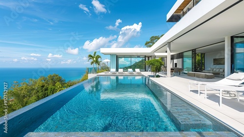Modern luxury villa with infinity pool and ocean view photo