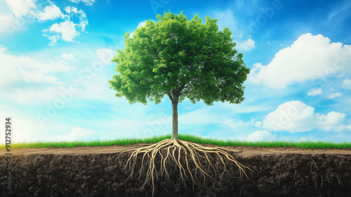 A vibrant green tree standing tall against a blue sky with soft white clouds. The tree's roots are intricately detailed and extend deep into the brown soil