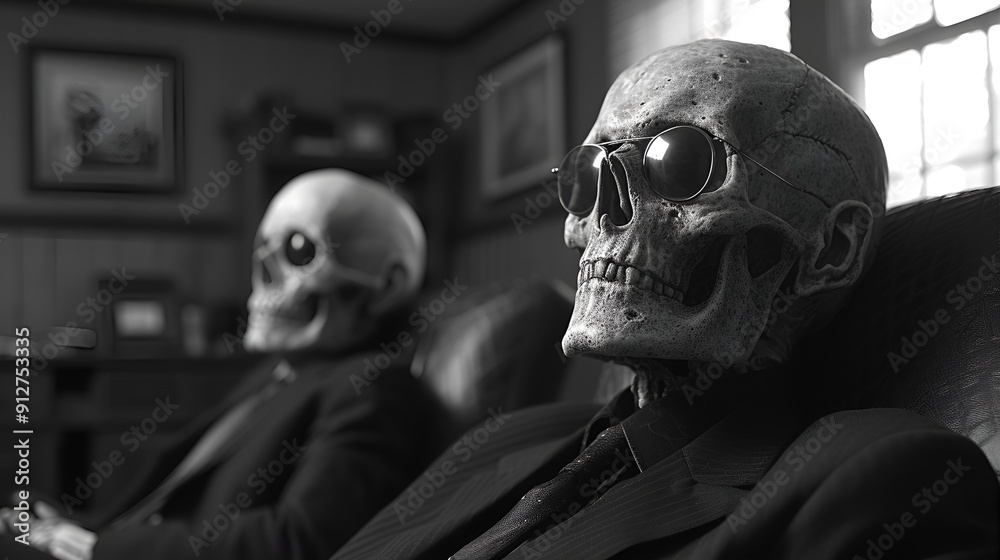 Skeletons sitting in office - sunglasses - black and white photograph - Halloween - spooky Skeletons sitting in office - sunglasses - black and white photograph - Halloween - spooky