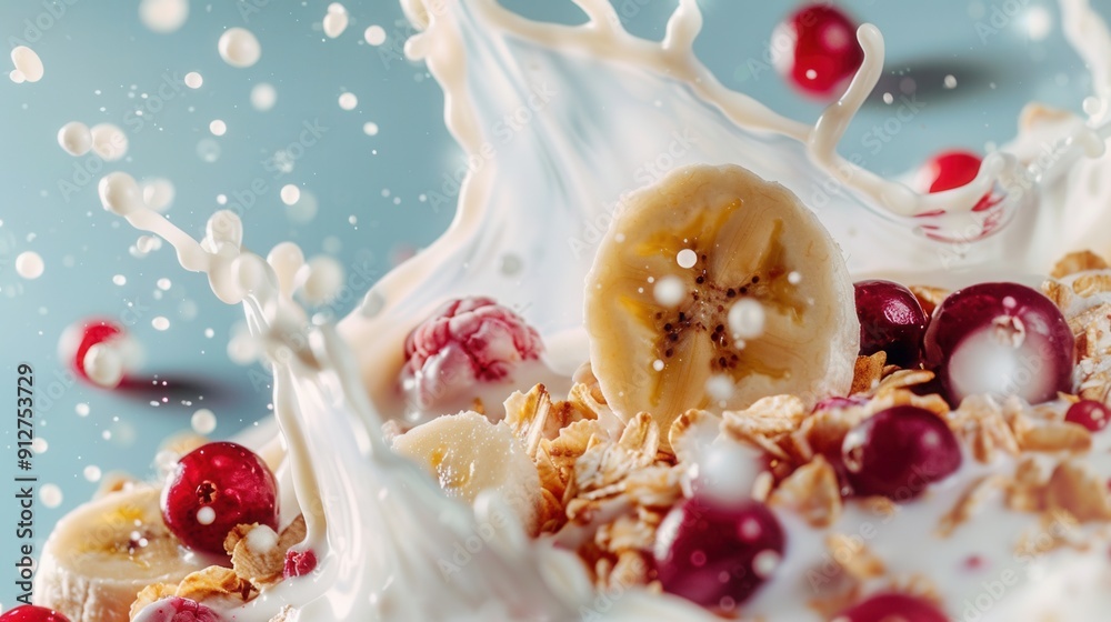 Fresh banana fruit with berries with milk splash closeup macro view Fresh banana fruit with berries with milk splash closeup macro view