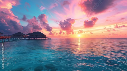 Overwater bungalows with mesmerizing sunset reflections