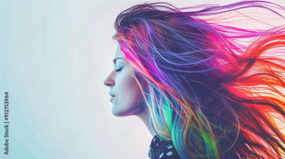 A young woman with closed eyes, her hair dramatically flowing, illuminated by vibrant rainbow colors in a dreamy, ethereal background.