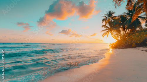 Beautiful tropical beach banner White sand and coco palms travel tourism wide panora Generative AI
 photo