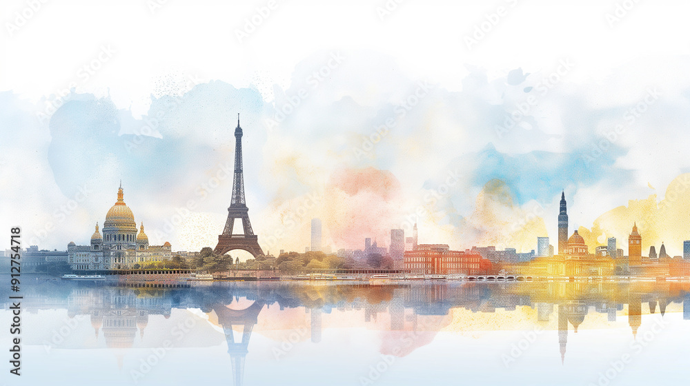 Obraz premium World travel destinations banner digital painting with different landmarks on one banner for tourism promotions.