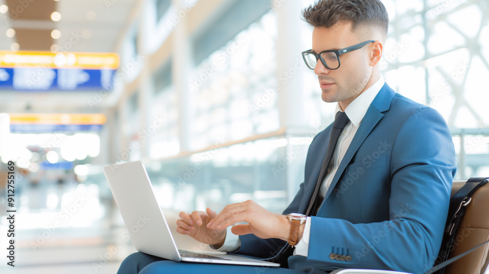 Young business man sitting at the airport working with laptop Young business man sitting at the airport working with laptop