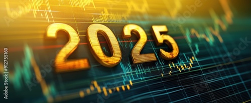 Golden 2025 year number on stock market screen with trading charts, 3d render