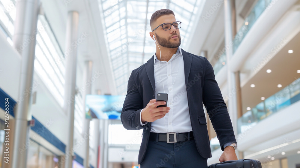 Young businessman in a passageway with cell phone, earbuds and rolling suitcase on the go 