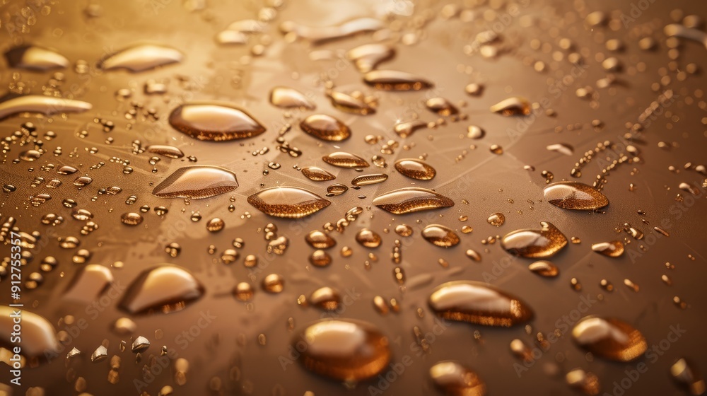 Bronze raindrops grace a surface, creating a natural mosaic of glistening, rounded droplets, reflecting warm light in a serene, tranquil setting.