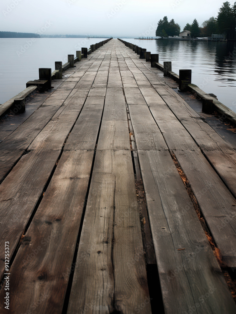Fototapeta premium Weathered Wooden Dock Extending into the Misty Waters, Creating a Nostalgic Atmosphere in a Foggy Morning