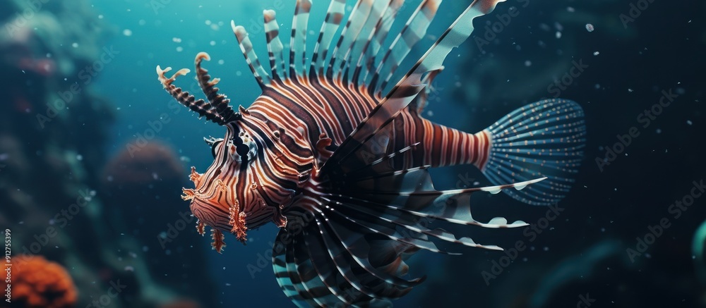 Striped Lionfish in Blue Water