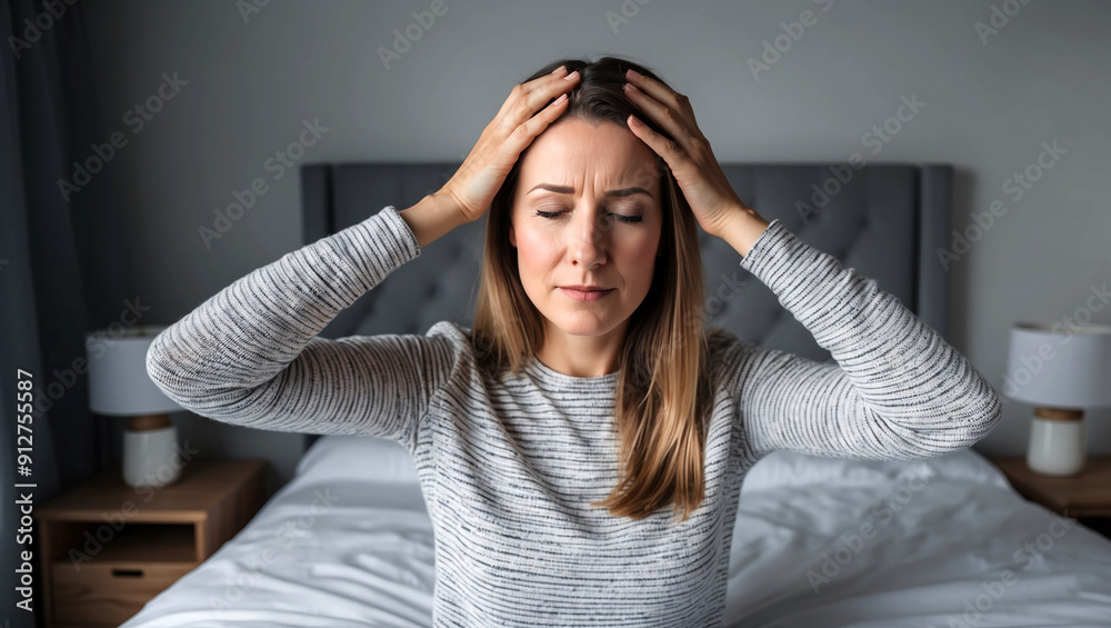 Portrait of Caucasian woman holding her forehead because of headache, Scandinavian bedroom background Portrait of Caucasian woman holding her forehead because of headache, Scandinavian bedroom background