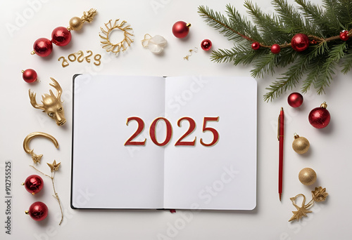 A white notebook with the year 2025 written in white text, surrounded by Christmas decorations including pine branches, red ornam, and other festive elements