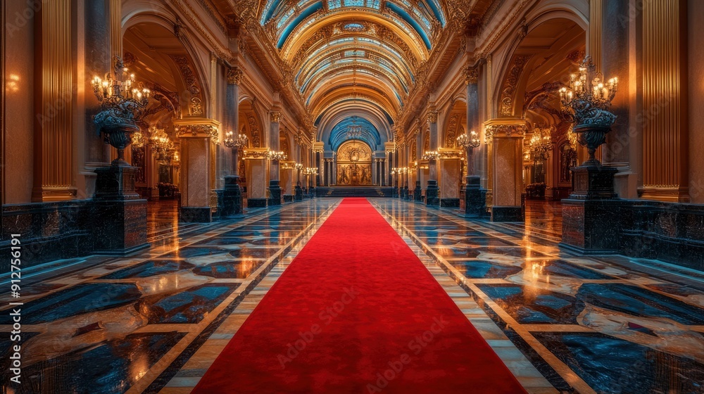 Fototapeta premium A Grand Hallway with a Red Carpet and Ornate Architecture