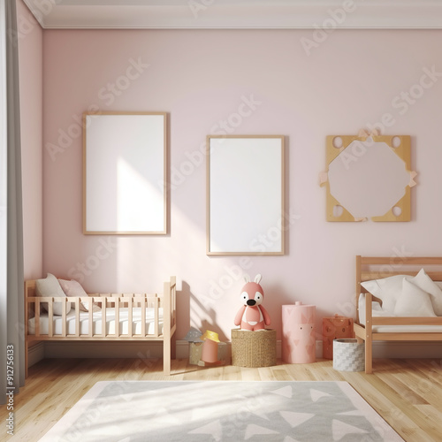 Children's Room with Dual Empty Frame Mockups and Soft Pink Decor