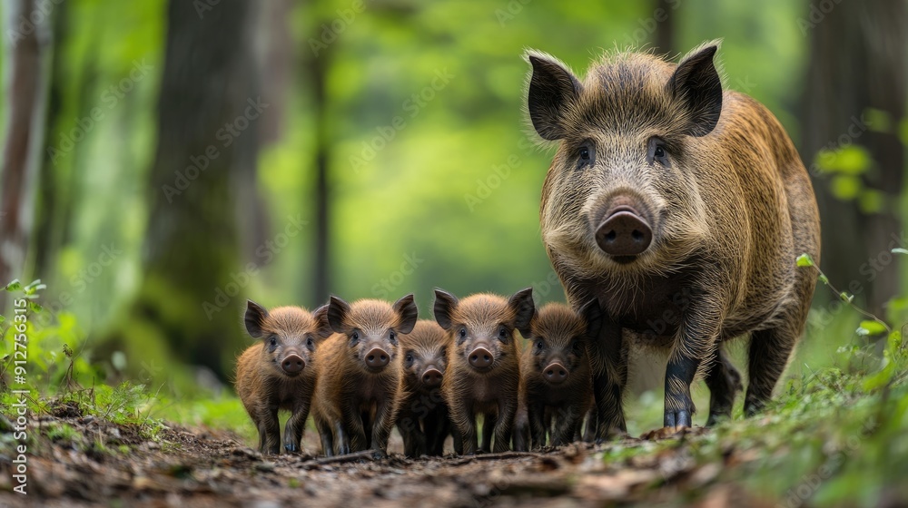 Wild Boar Sow and Her Four Piglets in a Forest Setting Wild Boar Sow and Her Four Piglets in a Forest Setting
