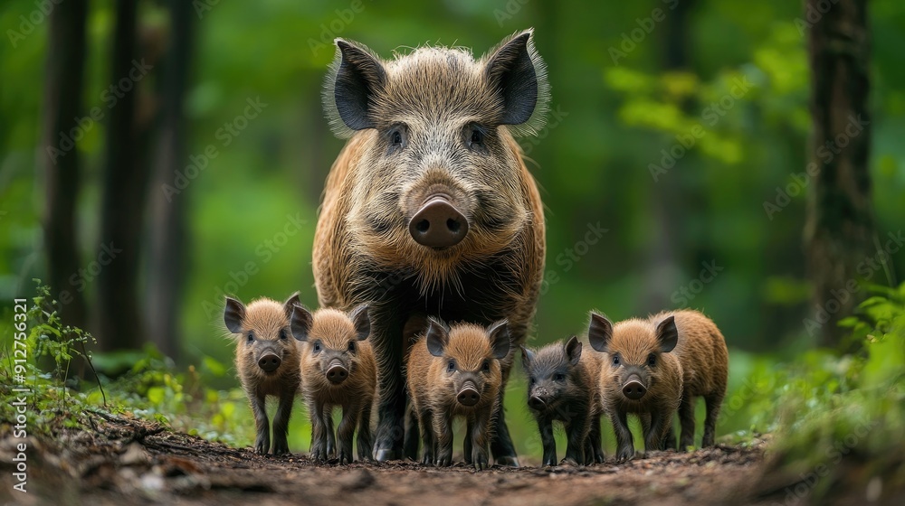 Wild Boar Sow and Her Four Piglets Walking Through a Forest Wild Boar Sow and Her Four Piglets Walking Through a Forest
