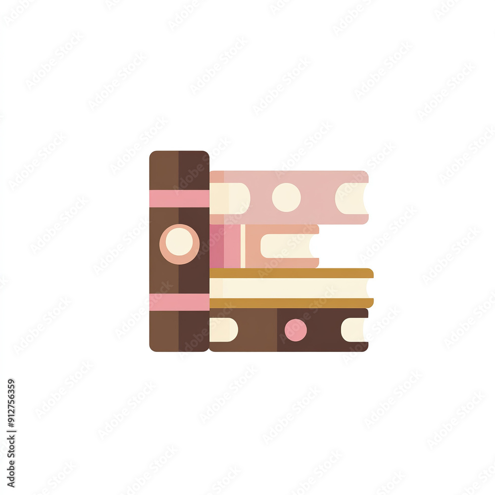 Stack Books Flat Logo Design with Beige and Pink Accents, White Background, Representing Fantasy and Sci-Fi Themes, Minimal Vector Illustration
