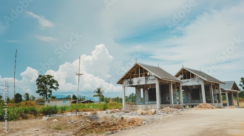 A nearly completed exterior of a residential building under a clear blue sky, with green foliage in the background.