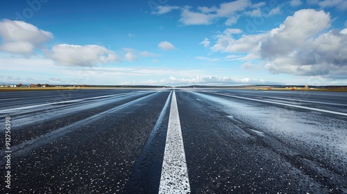 Clear airport runway with blue skies and minimal clouds photo