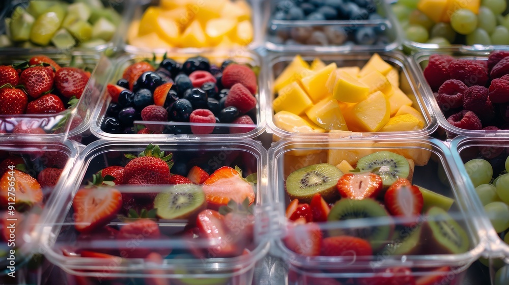Neatly arranged plastic trays filled with a colorful variety of fresh fruits, capturing the essence of freshness and healthy eating. Neatly arranged plastic trays filled with a colorful variety of fresh fruits, capturing the essence of freshness and healthy eating.