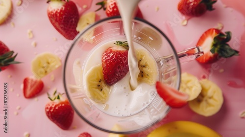 Milk being poured into a blender mixer cup to make healthy smoothie drink photo