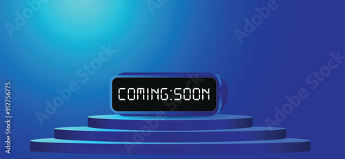 coming soon digital clock on podium vector poster