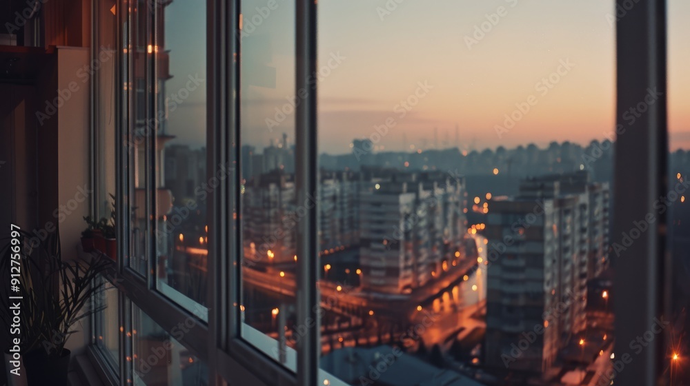 A serene cityscape through a large window as the sun sets, filling the scene with warm hues and a peaceful ambiance. A serene cityscape through a large window as the sun sets, filling the scene with warm hues and a peaceful ambiance.
