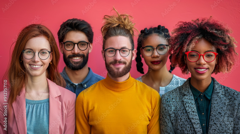 Multiracial group of people in casual clothes on a bright pink background. Young male and female colleagues spend time together. Lifestyle.